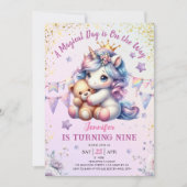 Unicorn 9e anniversaire Invitation fille rose or m (Devant)