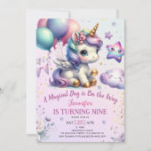 Unicorn 9e anniversaire Invitation fille violet & (Devant)