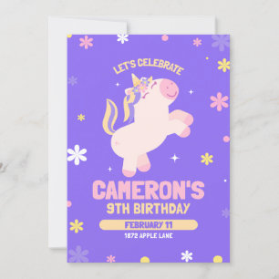 Unicorn 9e verjaardagsuitnodiging voor meisjes Sja Kaart