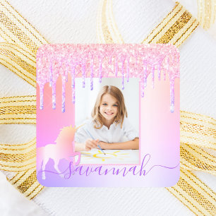 Unicorn aangepaste foto glitter roze regenboogvonk vierkante sticker