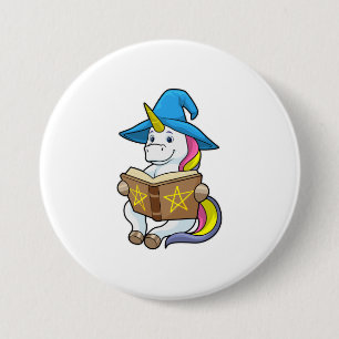 Unicorn als wizard met Boek en Pet Ronde Button 7,6 Cm