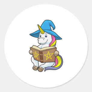 Unicorn als wizard met Boek en Pet Ronde Sticker