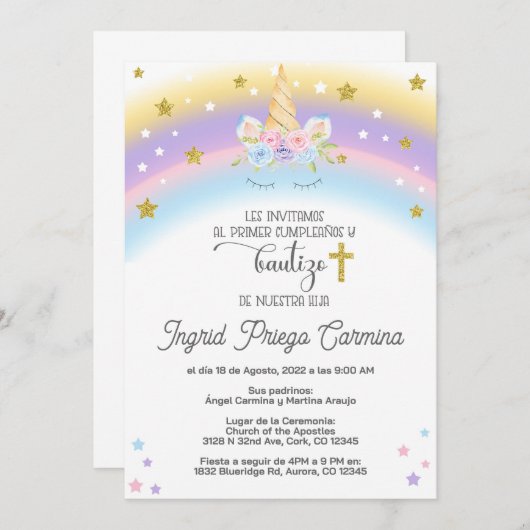 Unicorn anniversaire baptism invitation Espagnol. (Devant / Derrière)