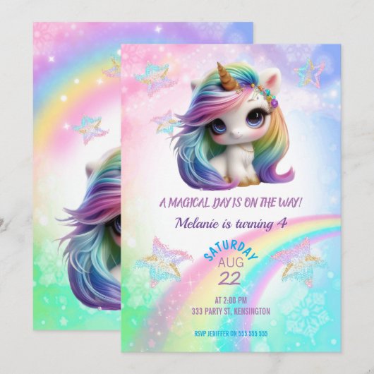Unicorn Anniversaire Fête Fille Invitation (Devant / Derrière)