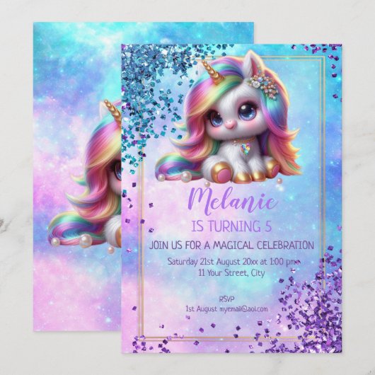 Unicorn Anniversaire Fête Fille Invitation (Devant / Derrière)