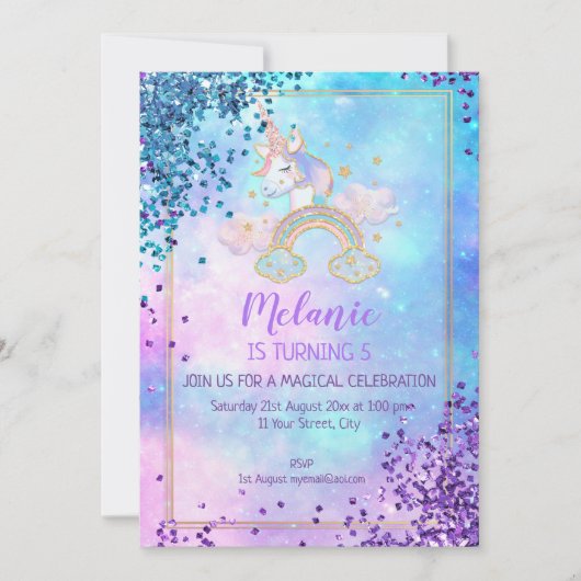 Unicorn Anniversaire Fête Fille Invitation (Devant)