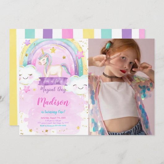 Unicorn Anniversaire Fête Photo Invitation (Devant / Derrière)
