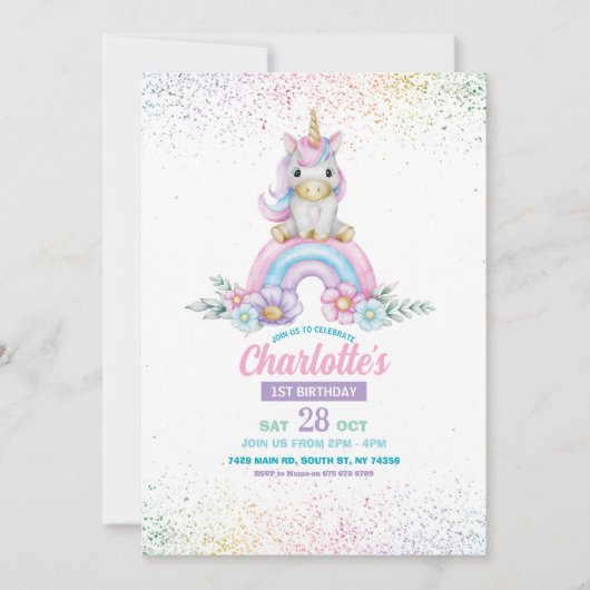 Unicorn Anniversaire Invitation fille Rainbow Part (Devant)