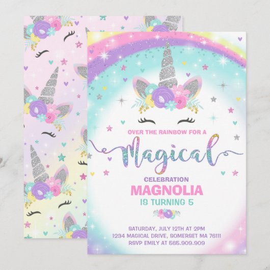 Unicorn Anniversaire Invitation Magique Unicorn Pa (Devant / Derrière)
