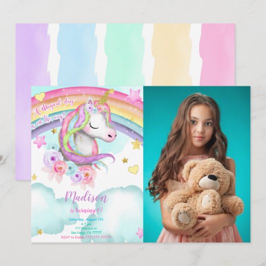 Unicorn Anniversaire Photo Invitation (Devant / Derrière)