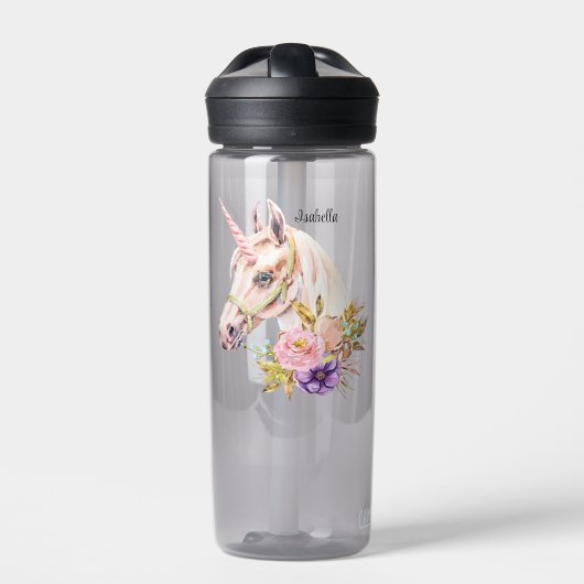 Unicorn Aquarelle Fleurs Ajouter Nom Bouteille d'e (Extérieur)