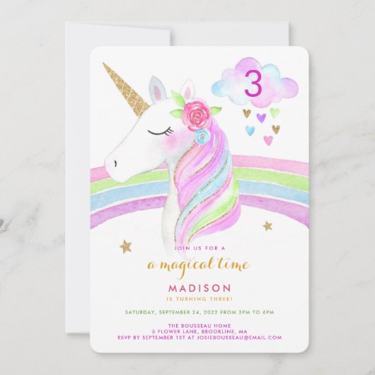 Unicorn Arc en ciel Magique Invitation d'anniversa (Devant)