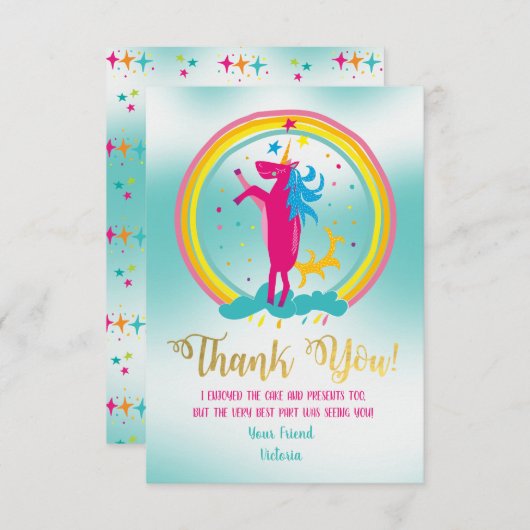 Unicorn arc-en-ciel Merci cartes de notes (Devant / Derrière)