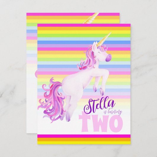 Unicorn art arc-en-ciel invitations de 2e annivers (Devant / Derrière)