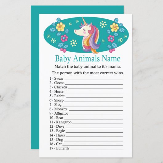 Unicorn Baby Animals Name Game (Voorkant / Achterkant)