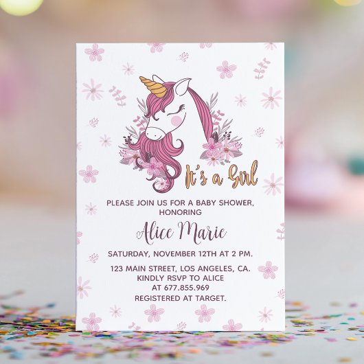 Unicorn Baby shower Girl rose Floral Invitation