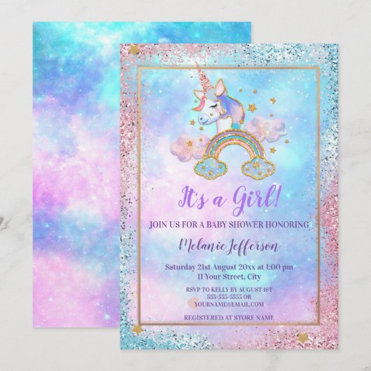 Unicorn Baby Shower Invitaties Kaart (Voorkant / Achterkant)