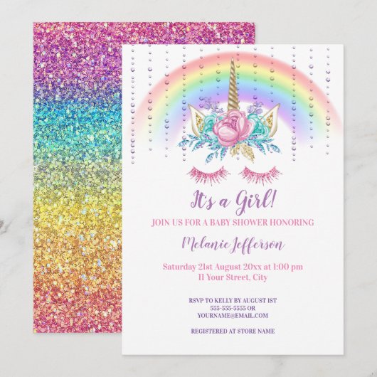 Unicorn Baby Shower Invitaties Kaart (Voorkant / Achterkant)