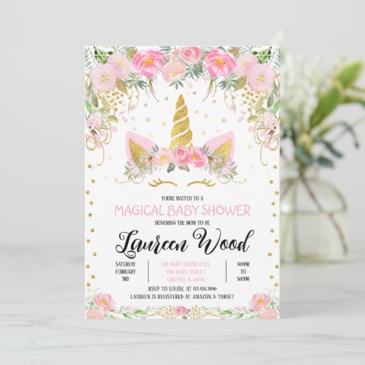 Unicorn Baby Shower Invitation Kaart (Staand voorkant)
