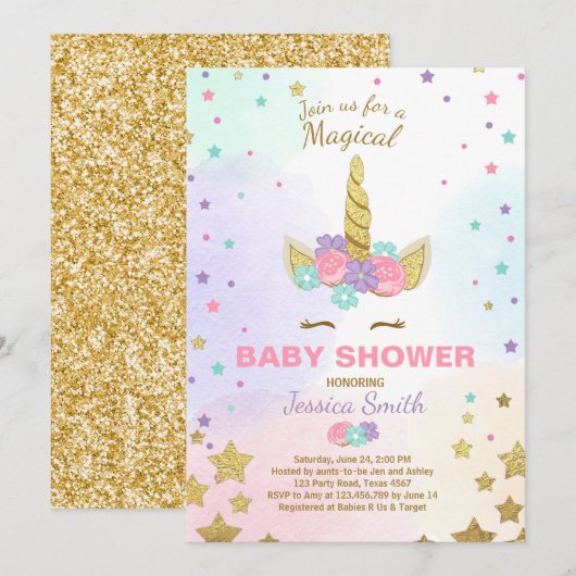 Unicorn Baby shower Invitation Pink Gold Magie (Devant / Derrière)