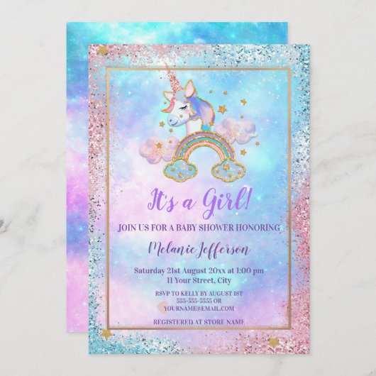 Unicorn Baby Shower Invitations (Devant / Derrière)