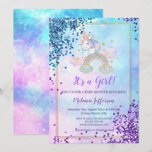 Unicorn Baby Shower Invitations (Devant / Derrière)