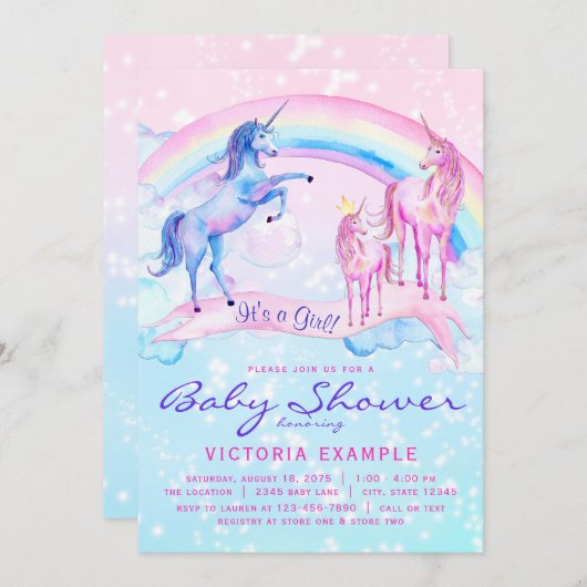 Unicorn Baby Shower Invitations Pastel Unicorn (Devant / Derrière)