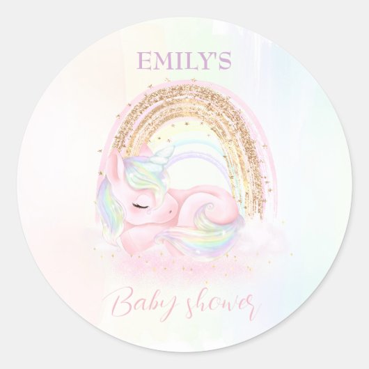 Unicorn Baby shower Pastel Regenboog Ronde Sticker (Voorkant)