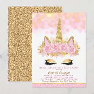 Unicorn Baby shower Pink Gold Unicorn Face Kaart