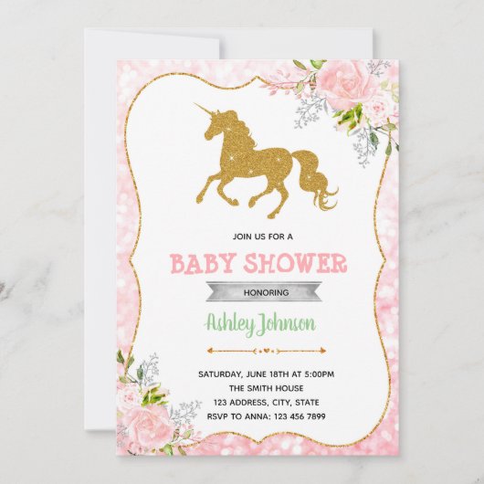Unicorn baby shower thema uitnodiging (Voorkant)