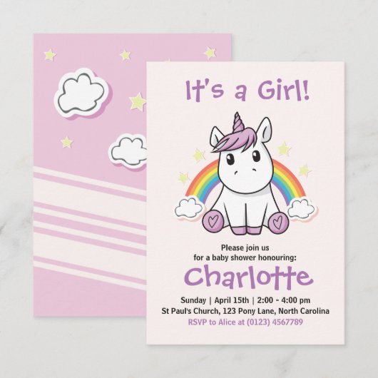 Unicorn Baby shower-uitnodiging Kaart (Voorkant / Achterkant)