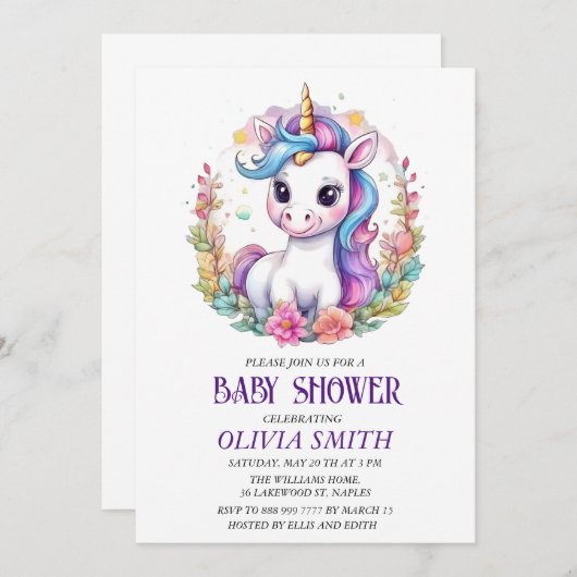 Unicorn baby shower-uitnodiging save the date (Voorkant / Achterkant)