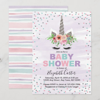 Unicorn baby shower-uitnodiging voor meisjes paars kaart