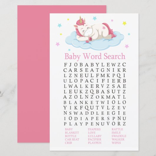Unicorn Baby shower Word Search Game (Voorkant / Achterkant)