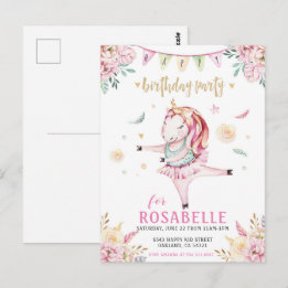 Unicorn Ballerina Pink Floral Birthday Uitnodiging