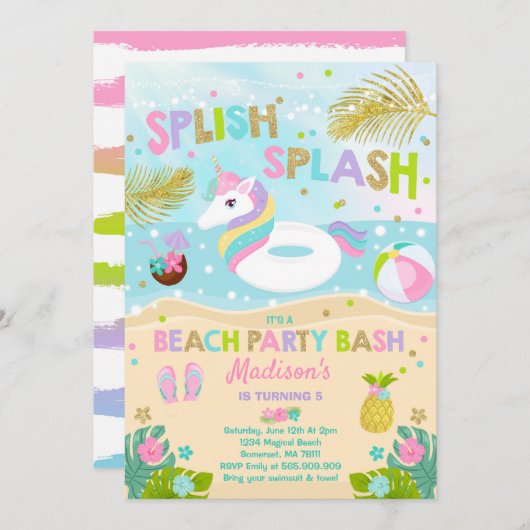 Unicorn Beach Party Invitation Unicorn Pool Float Kaart (Voorkant / Achterkant)