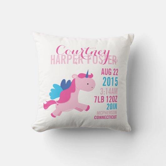 Unicorn Birth Announcement Nursery Pillow Kussen (Voorkant)