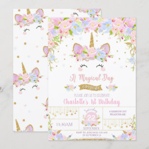 Unicorn Birthday Invitation Cute Floral Girls Kaart
