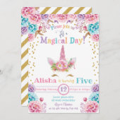 Unicorn Birthday Invitation Floral Kaart (Voorkant / Achterkant)