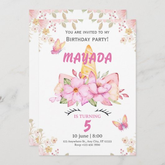 Unicorn Birthday Invitation for Girls (Devant / Derrière)