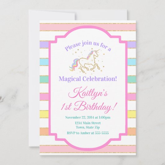 Unicorn Birthday Invitation Girl Glitter Gold Kaart (Voorkant)