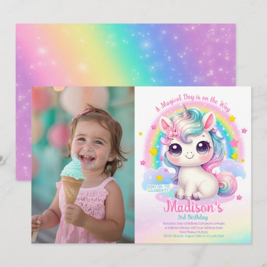 Unicorn Birthday Invitation Kaart (Voorkant / Achterkant)