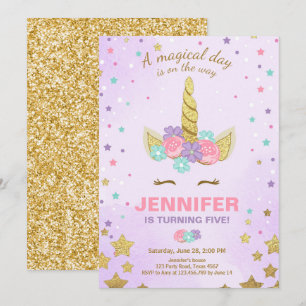 Unicorn Birthday Invitation Paars Gold Magical Kaart