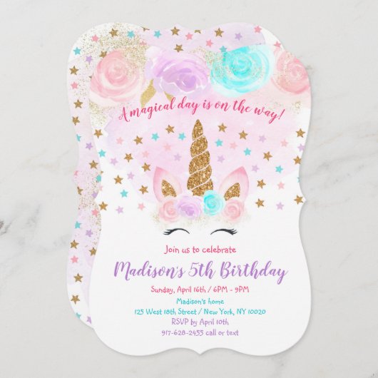 Unicorn Birthday Invitation Pink Gold Magical (Devant / Derrière)