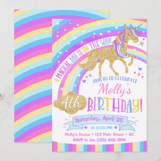 Unicorn Birthday Invitation Rainbow Invite Kaart (Voorkant / Achterkant)