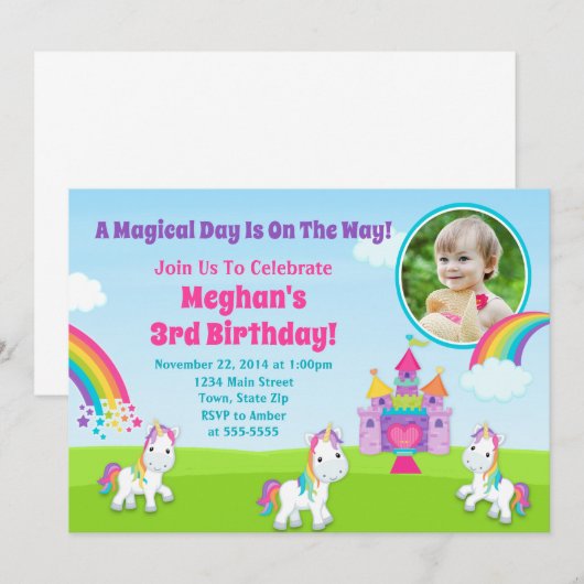 Unicorn Birthday Invitation Rainbow Unicorn Girl Kaart (Voorkant / Achterkant)