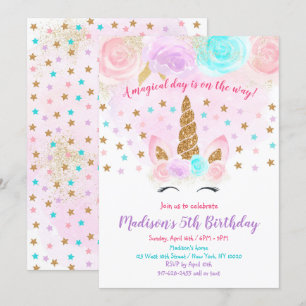 Unicorn Birthday Invitation roze Gold Magical Kaart