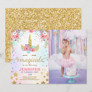 Unicorn Birthday Invitation roze Gold Magical Kaart