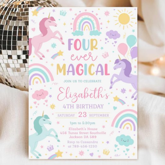 Unicorn Birthday Invitation Template, Four-Ever Ma
