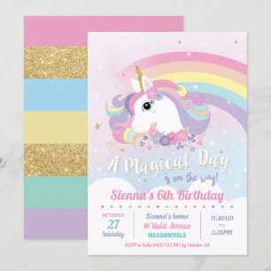 Unicorn Birthday Invitations Rainbow Girl Kaart